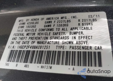 2011 Honda Accord 2.4 Lx-P from USA, damaged, VIN 1HGCP2F49BA091251